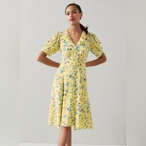 LK Bennett Pami Floral Silk Dress Pearl Detail Yellow Size 6 EUC